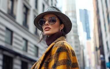 Obraz premium A fashion influencer in a stylish urban setting with clean architecture in the background