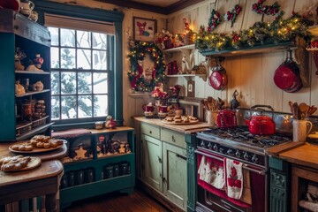 Rustic kitchen, Christmas decor, snowy window view.