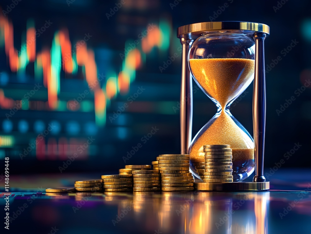 Poster hourglass with sand and stacked coins symbolizing time management and financial growth against a bac
