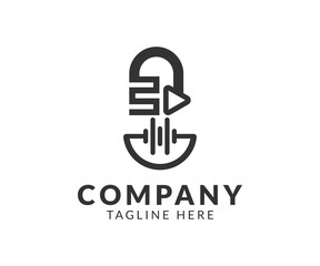 Podcast logo template design icon symbol with microphone, media play button and speaker concept.