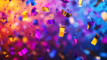 Colorful confetti falling in celebration during a vibrant party atmosphere. 