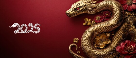 Obraz premium 2025 Chinese New Year: Golden Snake with Red Flowers on Red Background