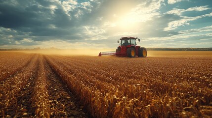 Fototapeta premium A red tractor harvesting crops in a golden field under a cloudy sky at sunset.