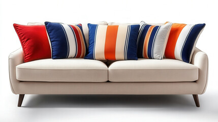 Pillows with bold striped patterns adding color to a plain beige couch