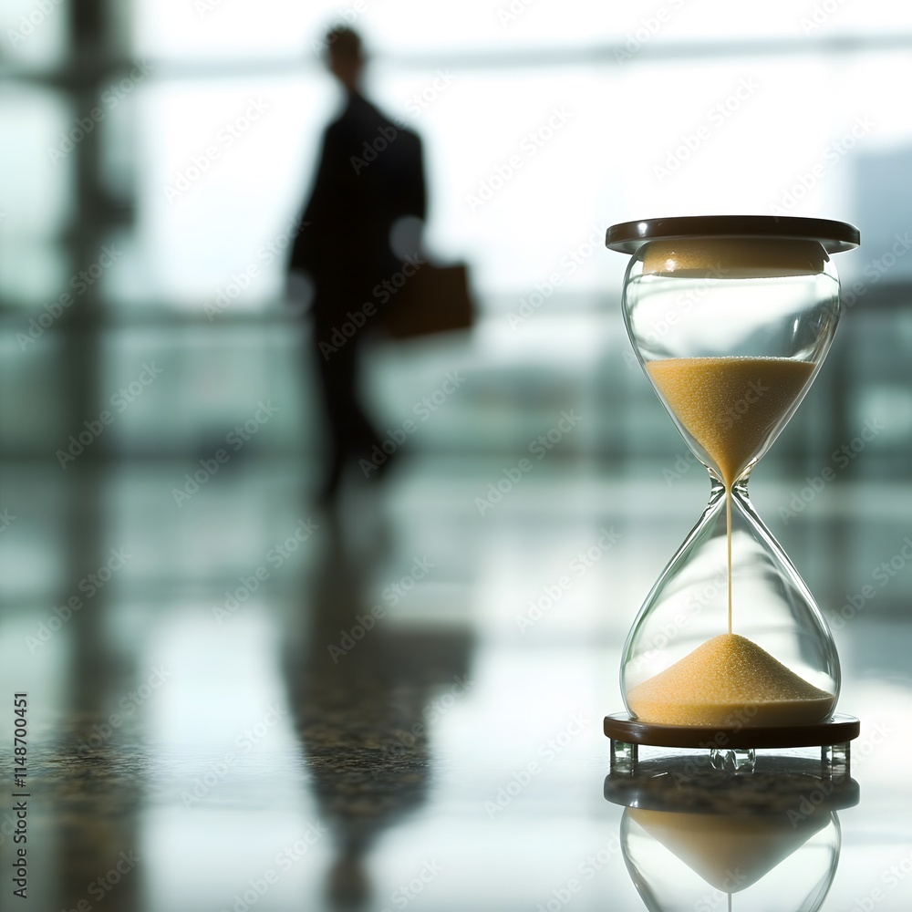 Poster silhouette of a businessman walking away with an hourglass in focus symbolizing time management and 