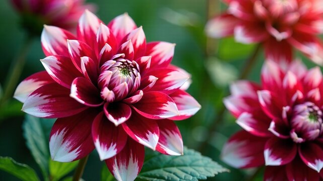 Close-up Dahlia Butterfly, Rich Red, White, Mauve Collarette, Summer Bloom