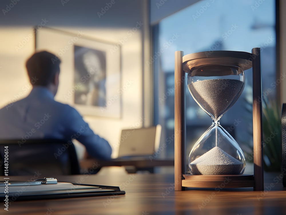 Poster elegant hourglass on a desk with a professional working in the background, symbolizing time manageme