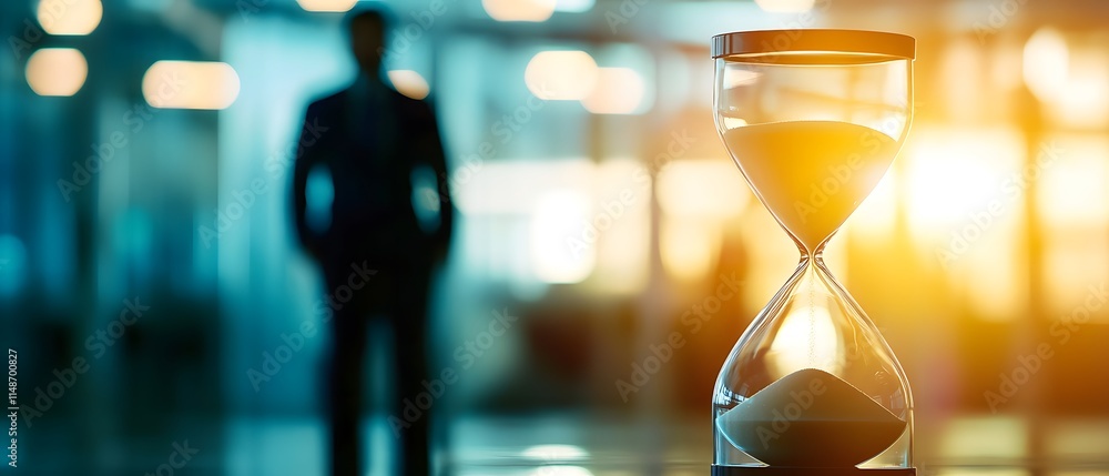 Poster businessman in suit standing in office with hourglass in foreground representing time management and
