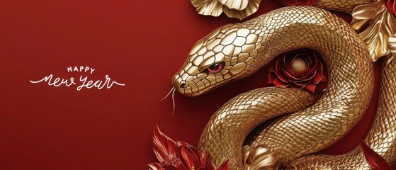 Obraz premium Happy New Year Golden Snake with Red Flowers, Chinese New Year Celebration