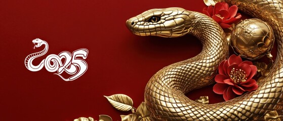 Obraz premium Golden Snake 2025 Chinese New Year Symbol, Red Background Stock Photo