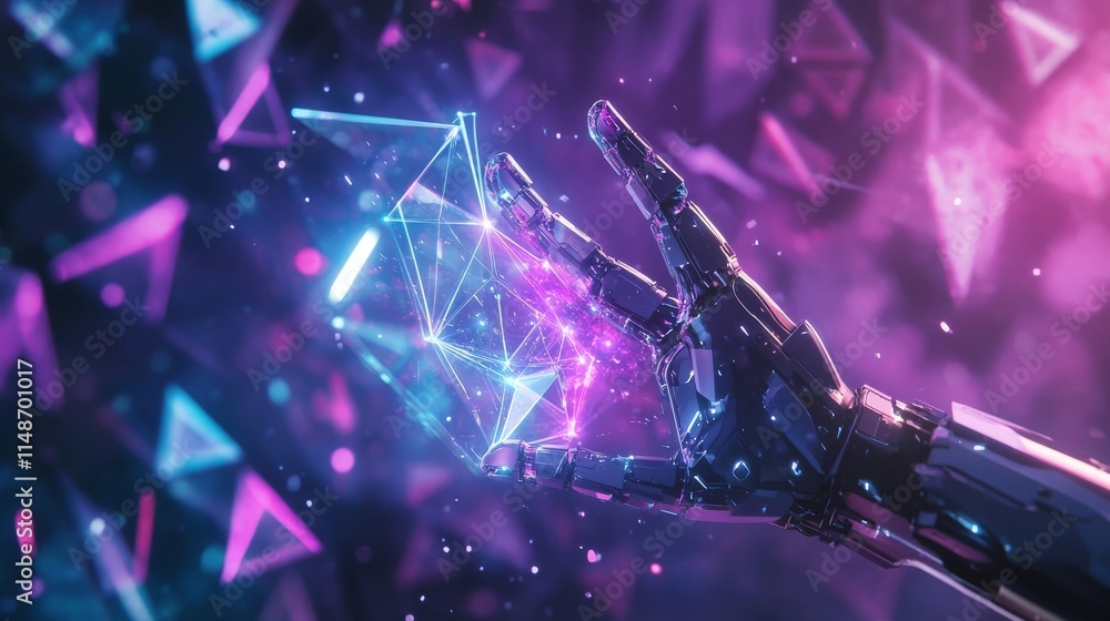 Poster cyberpunk photo of artificial intelligence scene with a robotic hand holding and 3d triangles and pu