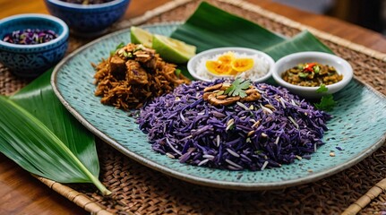 Vibrant Nasi Kerabu served on a decorative plate with aromatic herbs and flavorful side dishes, capturing the essence of Malaysian culinary tradition and vibrant local culture