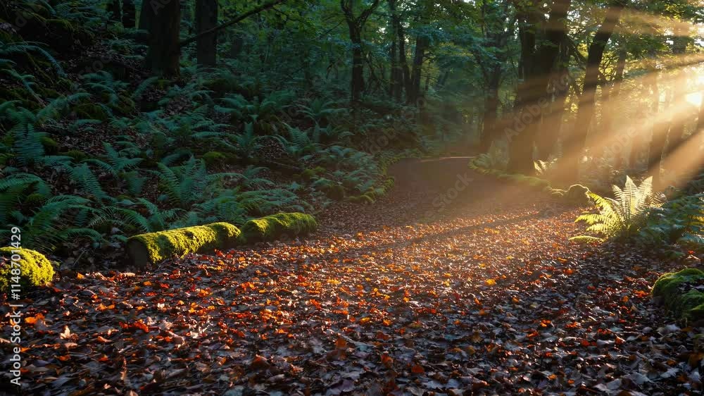 Poster morning sunlight filters through lush trees in a serene forest pathway covered with fallen leaves