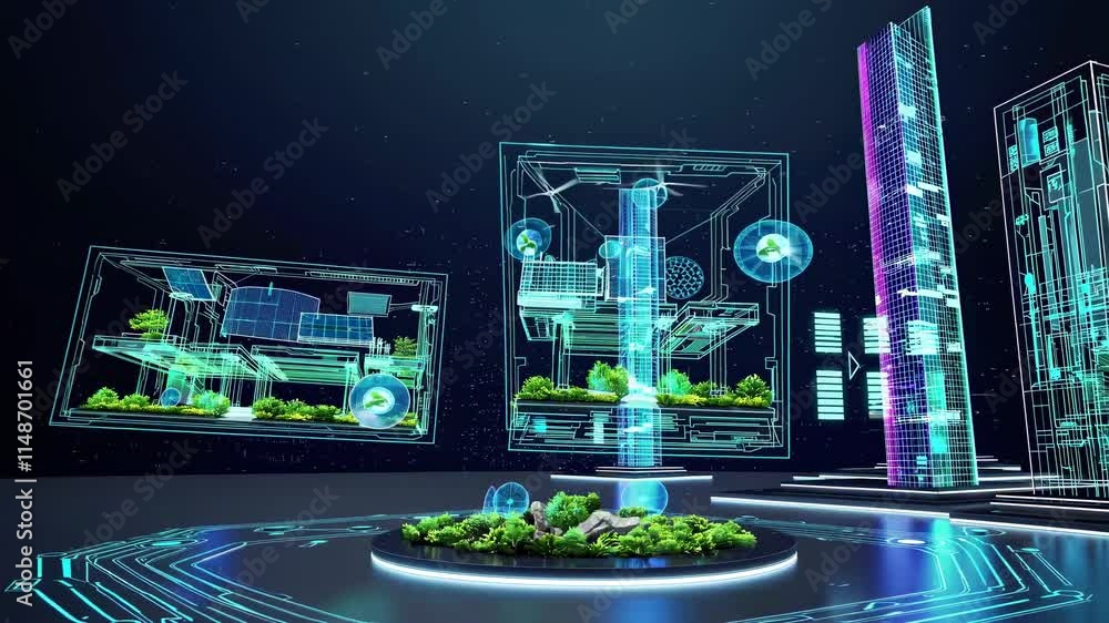 Poster exploring futuristic smart city concepts with digital architecture and renewable energy elements