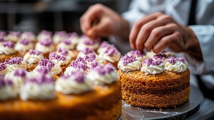 A chef decorates cakes with cream and purple toppings in a kitchen setting.