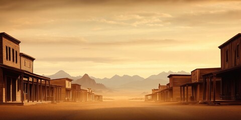Vintage sepia photo of deserted old west town. Wooden buildings stand along dusty road. Mountains in background. Nostalgic, rustic scenery. Abandoned town evokes sense of past. Prairie landscape