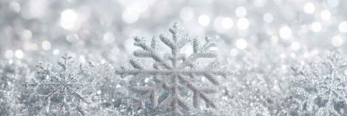 Delicate snowflake pattern gracefully resting on a radiant shimmering silver surface