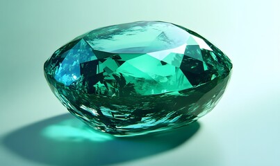 Faceted emerald gemstone with soft, teal background light.