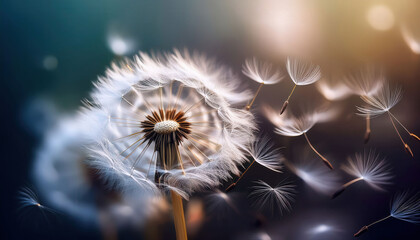 A close-up of delicate dandelion seeds ready to drift away in the wind, capturing the beauty of nature's fleeting moment, soft and ethereal, perfect for conveying freedom and lightness.