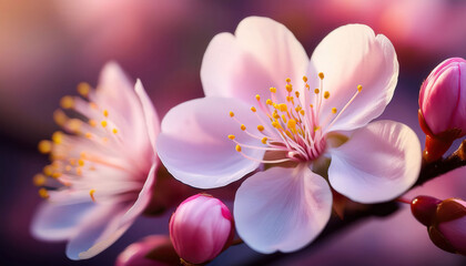 Fototapeta premium A macro shot of a blooming cherry blossom, capturing the delicate petals and fine details of pollen, showcasing the intricate beauty of nature in full bloom, vibrant and delicate.
