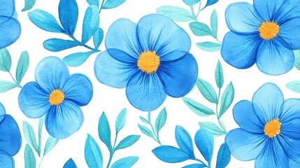 Watercolor Blue Flowers and Leaves Seamless Pattern