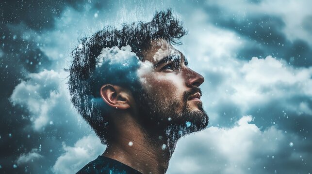 A contemplative man gazes upward as clouds envelop his thoughts, illustrating introspection and emotional depth.