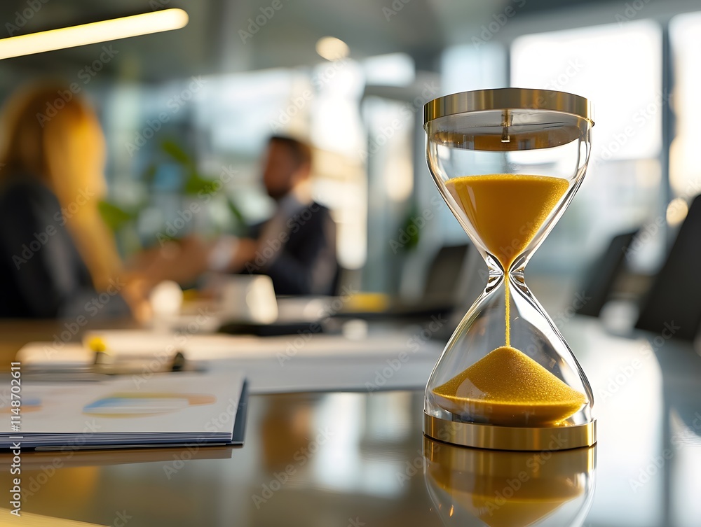 Poster hourglass on office table symbolizing time management and productivity during business meeting with 