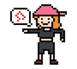 Cute pixel cartoon 8bit character woman exercises training dance lifestyle music decoration life style 8 bit female girl dance with music game fitness isolated PNG vector.
