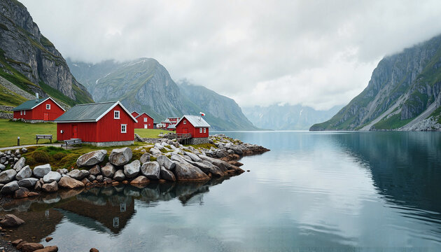 Red coastal cabins by a serene fjord with misty mountains