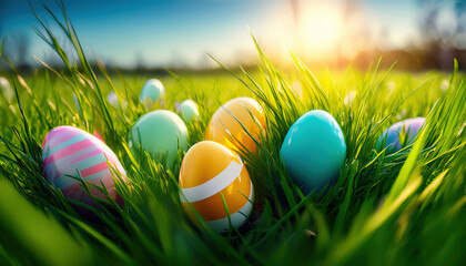 A meadow of fresh green grass with colorful Easter eggs hidden among the blades, creating a festive and playful scene, perfect for celebrating the joys of Easter in a natural setting.