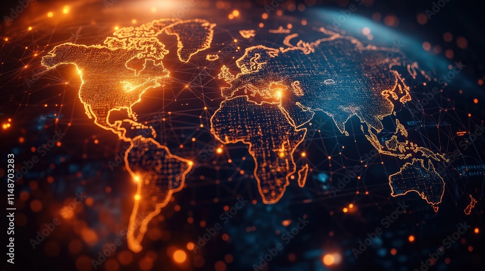 Poster global digital map shows interconnected countries with glowing points representing global communicat