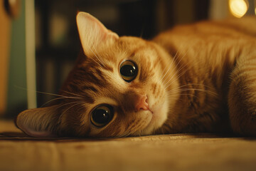 Close-up of an orange tabby cat lying down, looking at the camera with big, expressive eyes.