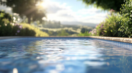 Fototapeta premium Outdoor swimming pool with a blurred spring landscape view