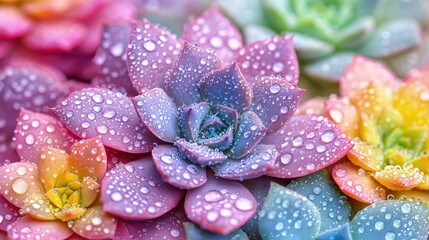 Vibrant succulent plants with water droplets.
