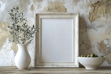 Elegant Still Life Composition Featuring Olive Branches in Vase, Empty Picture Frame, and Bowl of Green Olives Against Textured Wall Background