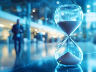 Elegant hourglass on a reflective surface with blurred office background symbolizing time management, productivity, and the passage of time in a modern workspace