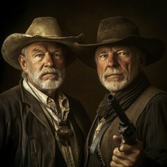 Fototapeta premium Two elderly men, hats, serious expressions, firearm.