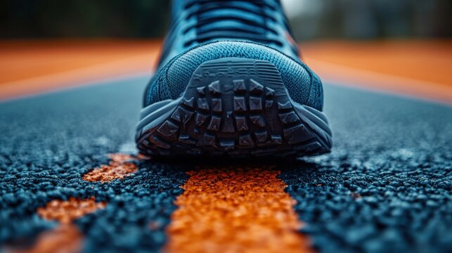 Macro view of athletic shoe sole on a sports track highlighting traction patterns