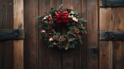 Holiday wreath adorned with pinecones and ornaments brightens a rustic wooden door