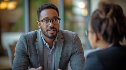 Mentor gives career guidance to young professional. Business meeting in cafe. Person with glasses listens carefully. Sharing advice in one-on-one setting. Professional discussion. Career development