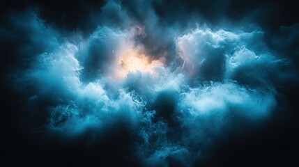 Dramatic dark blue clouds with light breaking through.