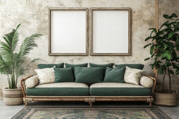 Cozy Living Room with Green Sofa Surrounded by Decorative Indoor Plants, Stylish Blank Picture Frames on Textured Wall, and Elegant Area Rug