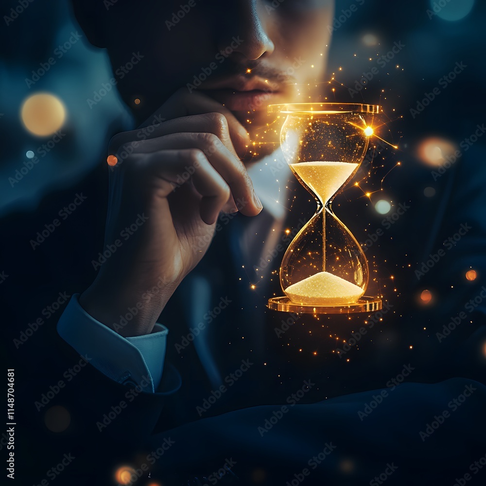 Poster professional man in dark suit contemplating time with glowing hourglass representing the concept of 