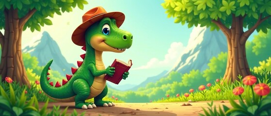 Cute Dinosaur Student at School, Dino's Educational Journey, Adorable Prehistoric Apprentice