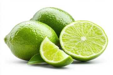 Fresh Green Limes on White Background with Whole, Halved, and Quartered Fruit Showcasing Juicy Flesh and Vibrant Color Suitable for Food Photography
