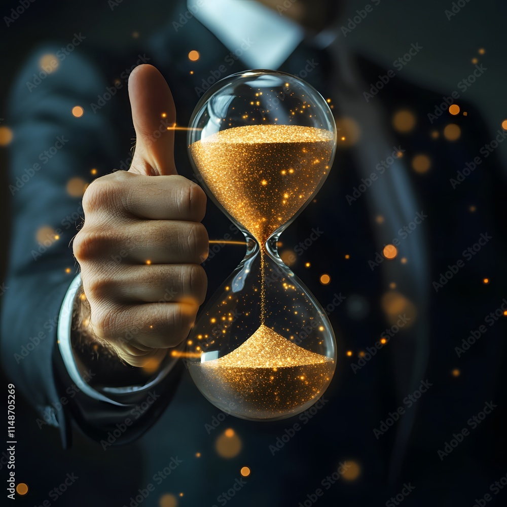 Poster Conceptual image of a businessman holding an hourglass, symbolizing time management and the importance of making every moment count in a fast-paced world.