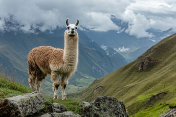 A domesticated South American camelid in the Andes with a cloudy sky behind
