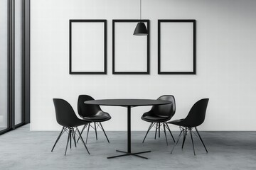 Minimalist Interior Design Featuring Black Dining Chairs and Round Table with Empty Frames on White Wall in Modern Space