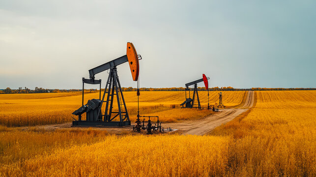Onshore oil wells with pumpjacks in golden crop fields, Saskatchewan, Canada - Fossil fuel industry landscape