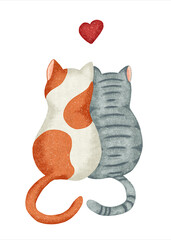 Two cats hugging lovingly. Hand drawn postcard.